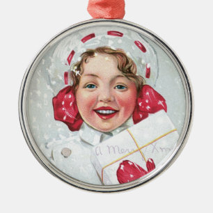Christmas Girl with Package Metal Ornament