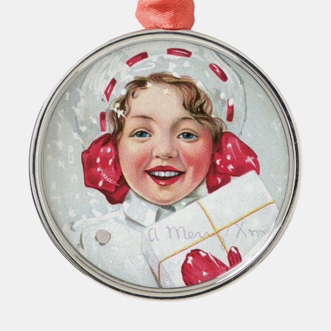 Christmas Girl with Package Metal Ornament (Front)