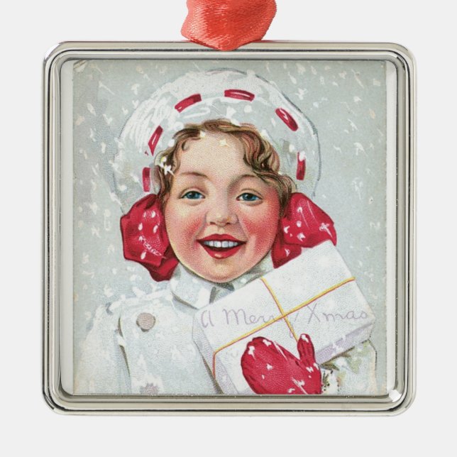 Christmas Girl with Package Metal Ornament (Front)