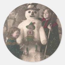 Christmas Girls and Snowman Vintage Photo