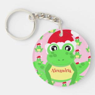 Christmas Girly Pink Frog Santa Hat Pattern  Keychain