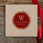 Christmas Glam Stripes Red Gold Address Classic Round Sticker<br><div class="desc">This elegant return address sticker features a burgundy red circle on a background pattern of burgundy and gold faux foil and glitter diagonal stripes. Personalize the design with your monogram initial and family name in gold serif font,  with your address below in sans serif.</div>
