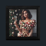 Christmas Glamour Gift Box<br><div class="desc">A stunning brunette woman exudes holiday cheer in a unique, eye-catching dress adorned with shimmering gold fabric and a cascade of colourful Christmas ornaments. Holding a champagne flute with a delicate hand, she stands confidently before a brightly lit Christmas tree, her captivating gaze meeting the viewer's eye.</div>