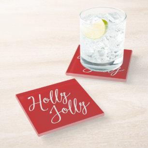 Christmas Glass Coasters Red Holly Jolly