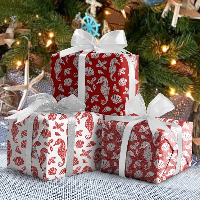 Christmas Glitter Coastal Seahorse Pattern Red Wrapping Paper Sheet (Creator Uploaded)