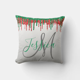 Christmas Glitter Dripping Monogram Red and Green Throw Pillow