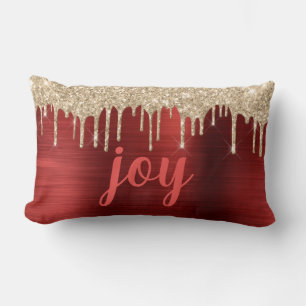 Christmas Glitter Drips Red Metallic Typography Lumbar Pillow