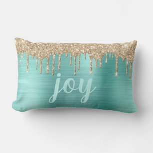 Christmas Glitter Drips Teal Metallic Typography L Lumbar Pillow