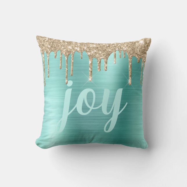Christmas Glitter Drips Teal Metallic Typography Throw Pillow (Front)