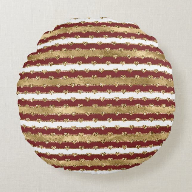 Christmas Glitter Gold Red Hearts Stripes Round Pillow (Front)