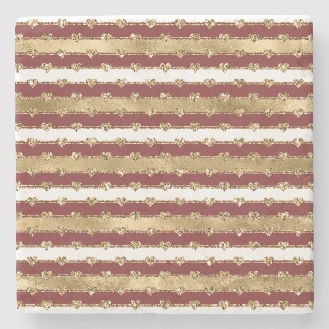 Christmas Glitter Gold Red Hearts Stripes Stone Coaster (Front)