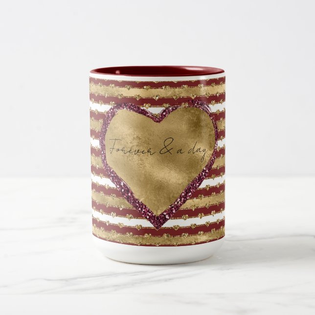 Christmas Glitter Gold Red Hearts Stripes Two-Tone Coffee Mug (Center)