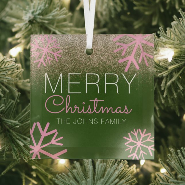 Christmas Glitter Pink Snowflakes Glass Ornament (Insitu)