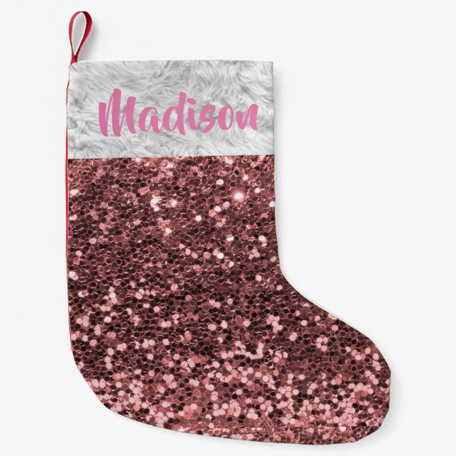 Christmas Glitter Sequin Glam Pink  Personalized Small Christmas Stocking (Front)