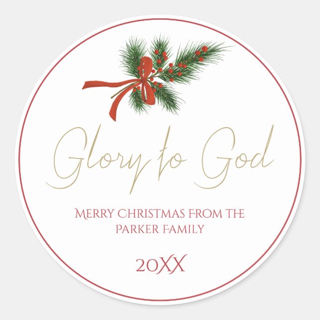 Christmas Glory to God Pine Branch Red Berries Classic Round Sticker (Front)