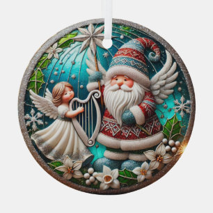 Christmas Gnome and Angel playing a harp Glass Ornament