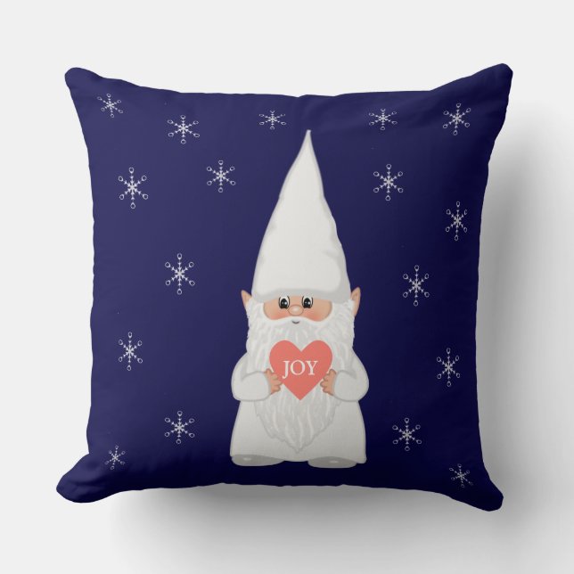 Christmas Gnome and Snowflakes on Navy Blue Throw Pillow (Front)