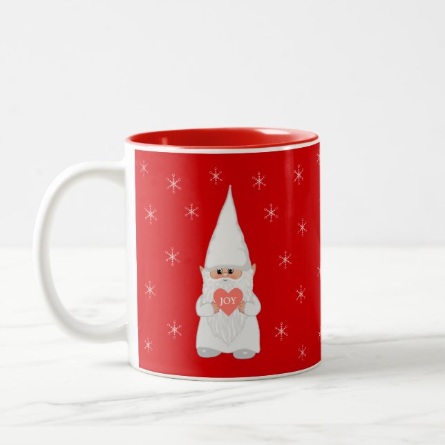 Christmas Gnome and Snowflakes on Red Two-Tone Coffee Mug (Left)