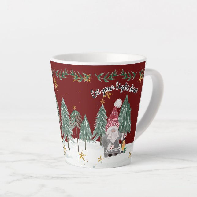 Christmas Gnome Burgundy Light Shine Stars trees Latte Mug (Right Angle)