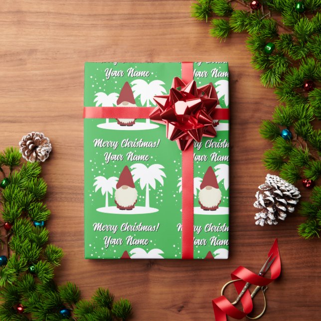 Christmas gnome cartoon with palm trees unique wrapping paper (Holiday Gift)