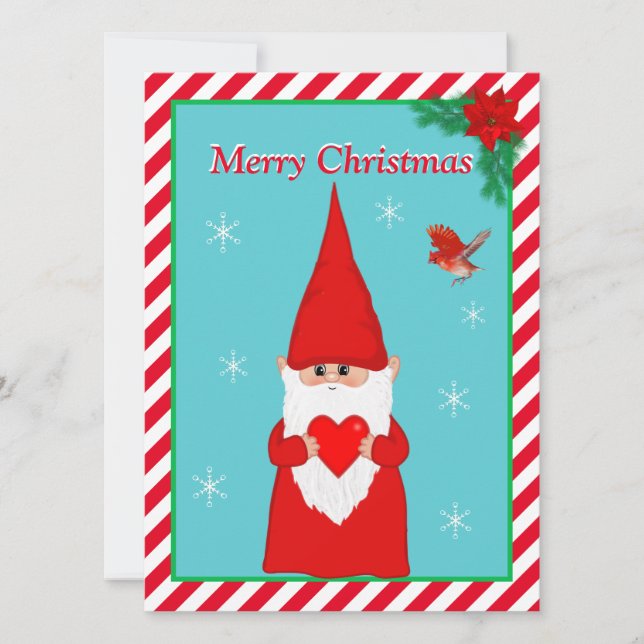 Christmas Gnome  & Cute Red Bird Christmas Card (Front)