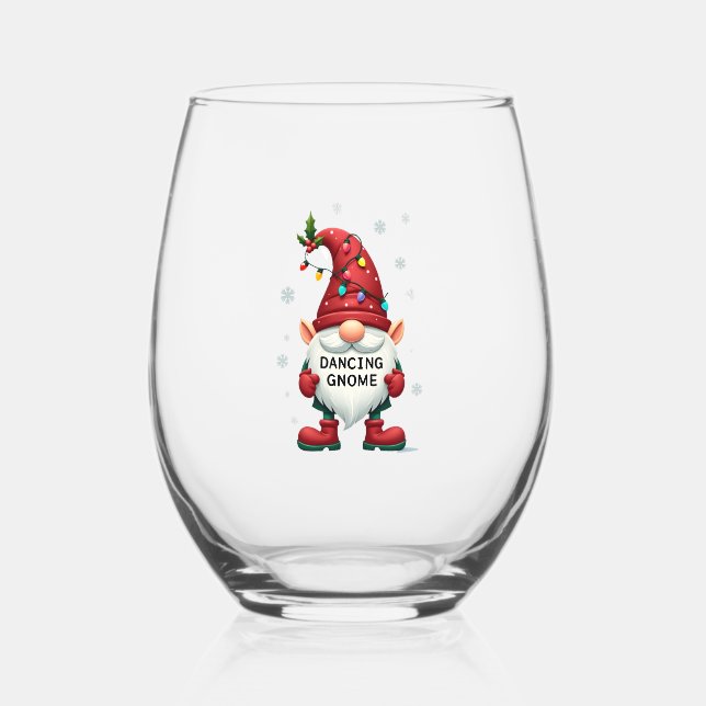 Christmas Gnome Dancing Gnome Family Christmas (2) Stemless Wine Glass (Front)