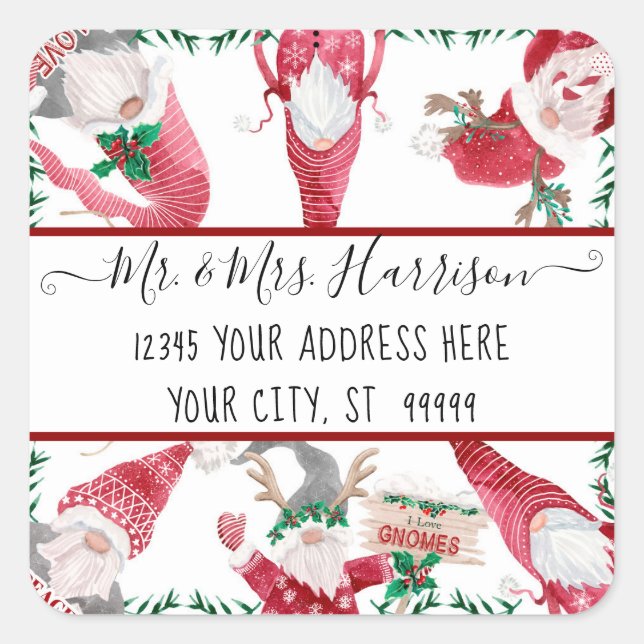 Christmas Gnome Deer Antler Red Watercolor Address Square Sticker (Front)