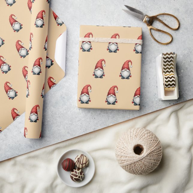 Christmas Gnome Festive Holiday Gift on Apricot  Wrapping Paper (Crafts)
