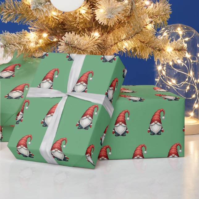 Christmas Gnome Festive Holiday Gift on Fern Green Wrapping Paper (Holidays)