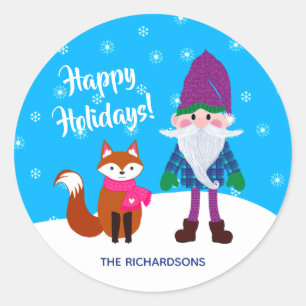 Christmas Gnome Fox Snowflakes Personalized Blue Classic Round Sticker