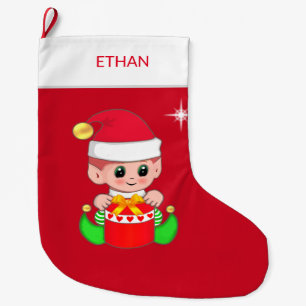 Christmas gnome & gift box on red large christmas stocking