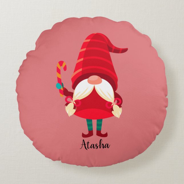 Christmas Gnome Holding A Candy Cane Round Pillow (Front)