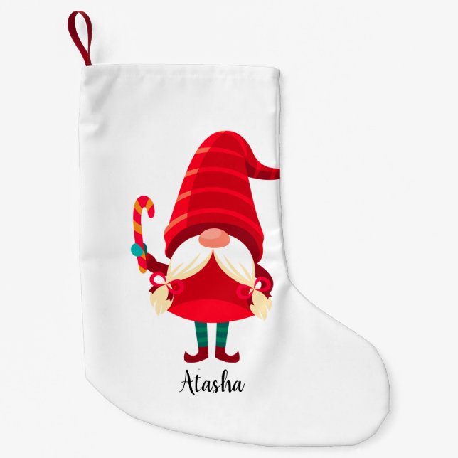 Christmas Gnome Holding A Candy Cane Small Christmas Stocking (Front)