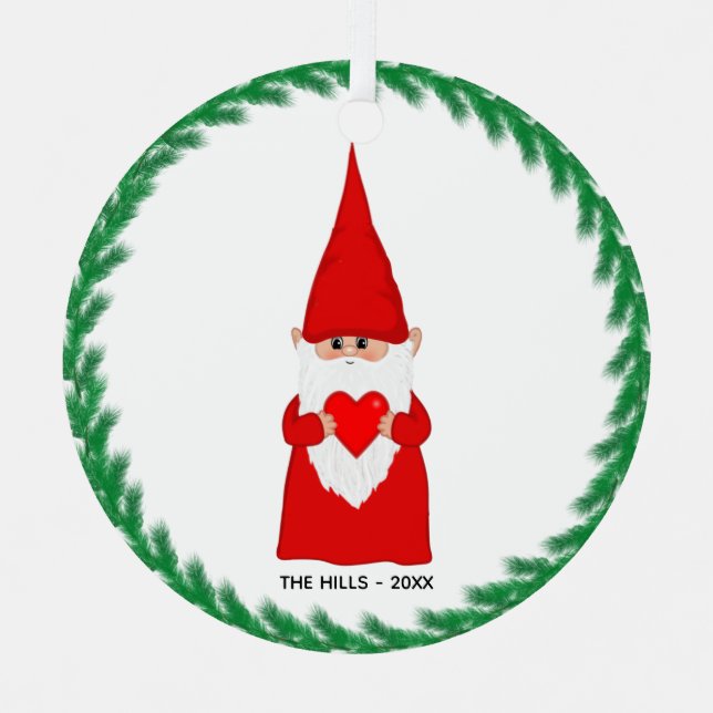 Christmas Gnome Holding a Heart Metal Ornament (Front)