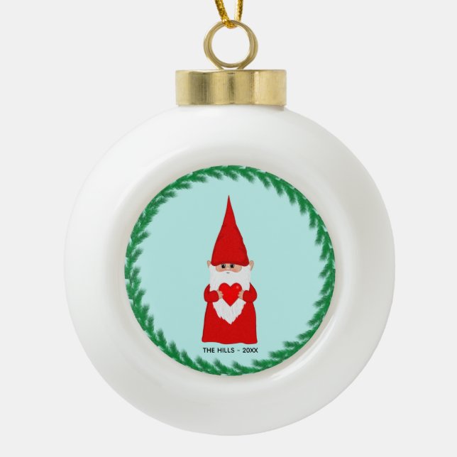Christmas Gnome Holding a Heart on Light Blue Ceramic Ball Christmas Ornament (Front)