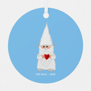 Christmas Gnome Holding a Heart on Light Blue Metal Ornament
