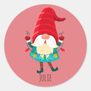 Christmas Gnome Holding Christmas Lights Classic Round Sticker