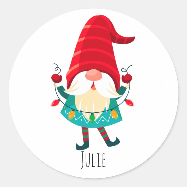 Christmas Gnome Holding Christmas Lights Classic Round Sticker (Front)