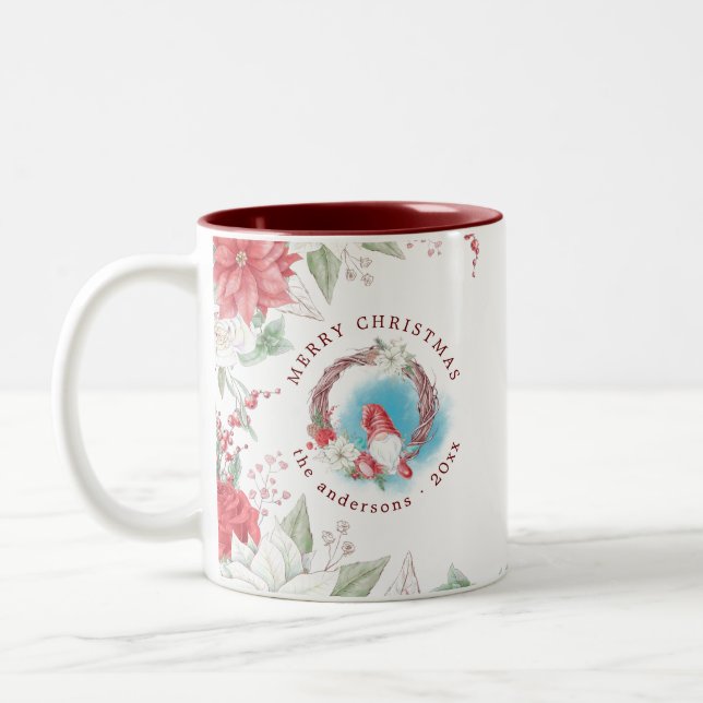 Christmas gnome holiday elegant floral monogram Two-Tone coffee mug (Left)