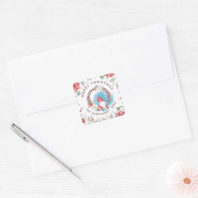 Christmas Gnome Holiday Elegant Floral Square Sticker (Envelope)