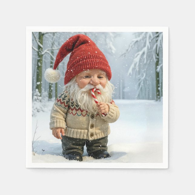 Christmas Gnome In Snowflakes With Candy Cane  Napkin (Front)