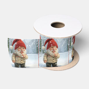 Christmas Gnome In Snowflakes With Candy Cane  Satin Ribbon