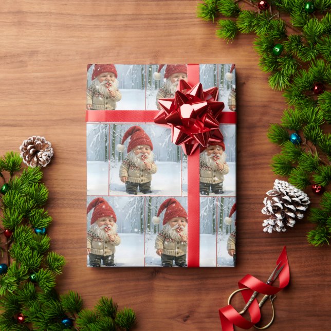 Christmas Gnome In Snowflakes With Candy Cane  Wrapping Paper (Holiday Gift)