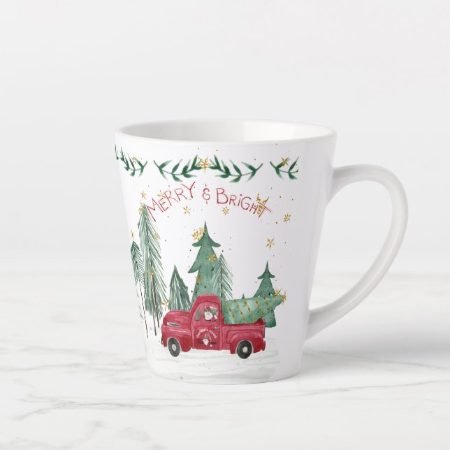 Christmas Gnome Merry Bright Red Truck Stars trees Latte Mug (Right)