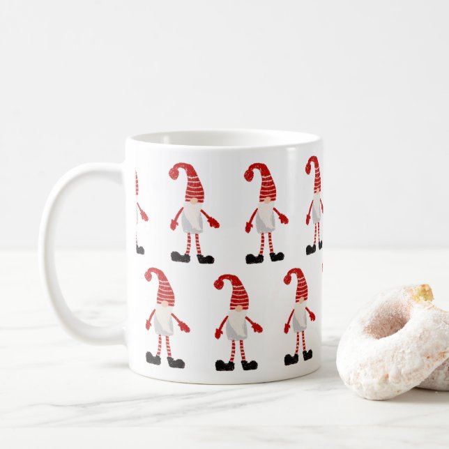 Christmas Gnome Nordic Pattern Red Grey White Coffee Mug (With Donut)