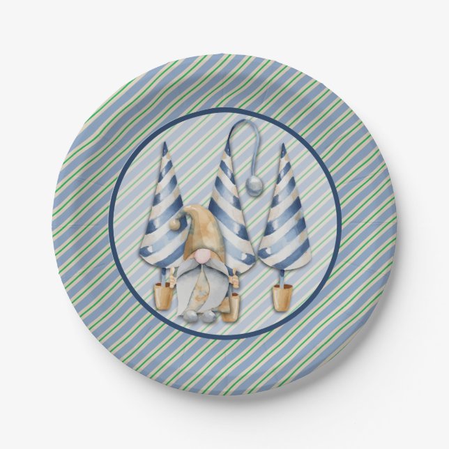 Christmas Gnome on Blue Stripes Holiday Party Paper Plate (Front)