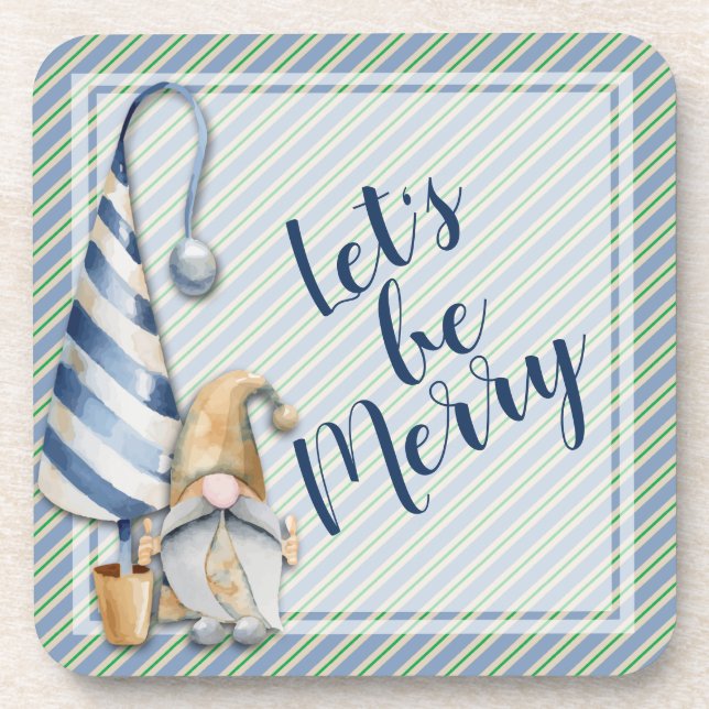 Christmas Gnome on Blue Stripes Holiday Plastic Coaster (Front)