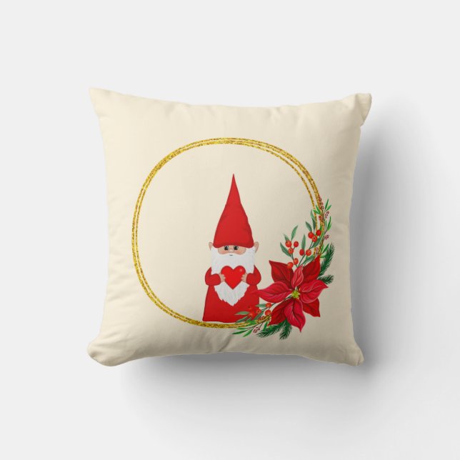 Christmas Gnome on Light Champagne Beige Throw Pillow (Front)