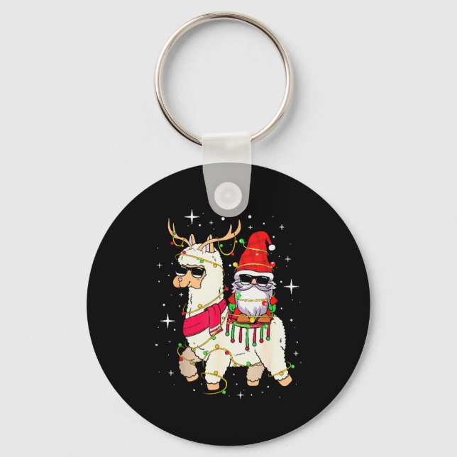 Christmas Gnome On Llama, Cute Alpaca Chanukah Chr Keychain (Front)