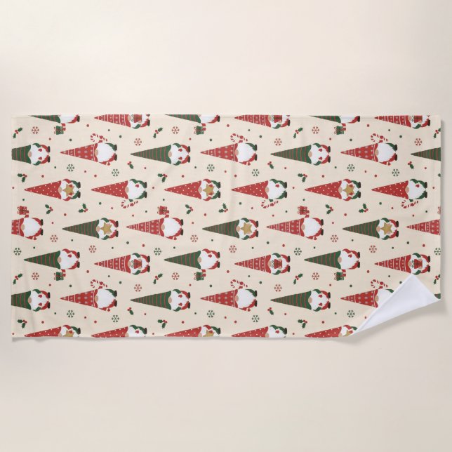 Christmas Gnome Party Pattern Beach Towel (Front)